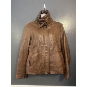 Jones New York Jacket Womens Large Brown Leather Moto Belt Collar Pockets Zip